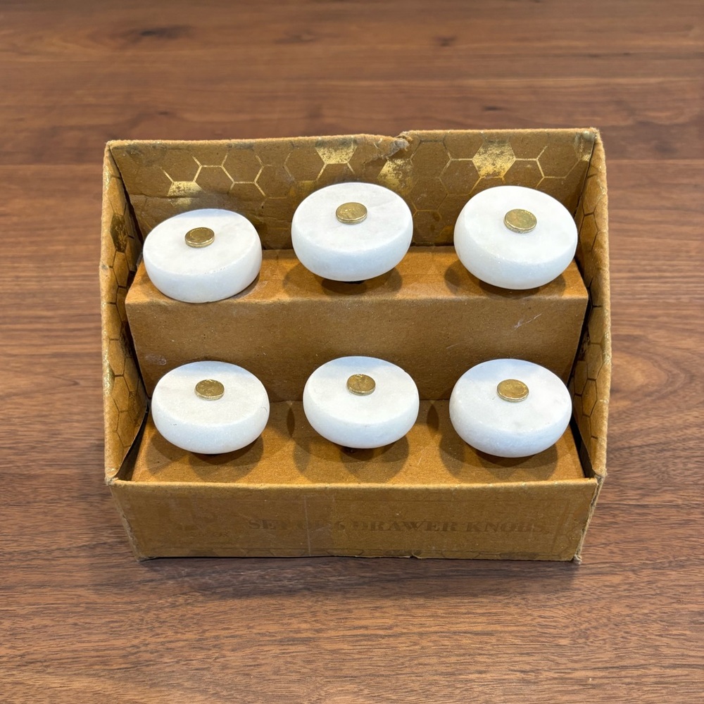 Round White Stone Brass Knobs Cabinet Drawer Pulls Dresser Set of 6 Anthro